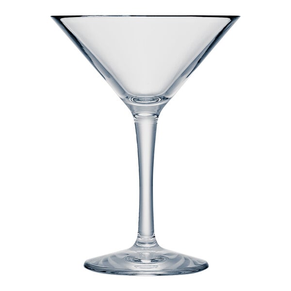 A clear plastic martini glass with a long stem.