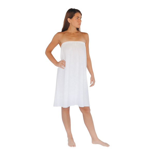 A woman wearing a white Telegraph Hill spa wrap.