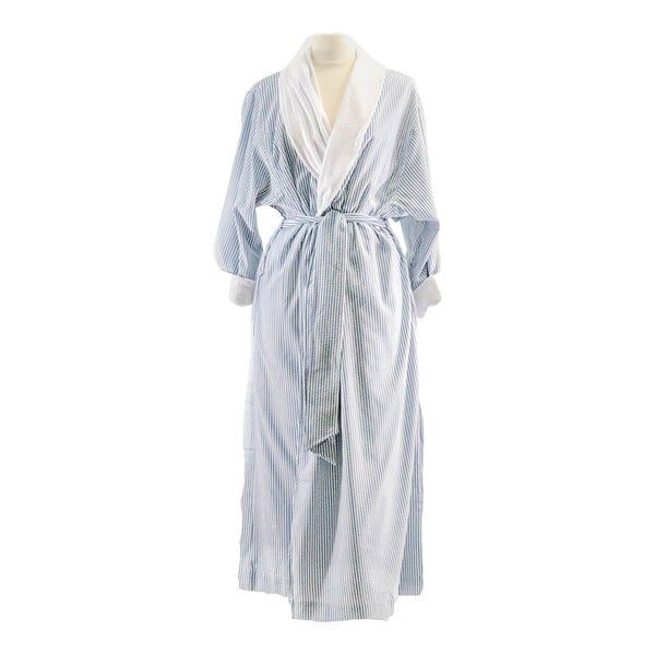 A navy seersucker bath robe with blue and white stripes on a mannequin.
