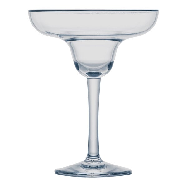 A clear plastic margarita glass with a long stem.