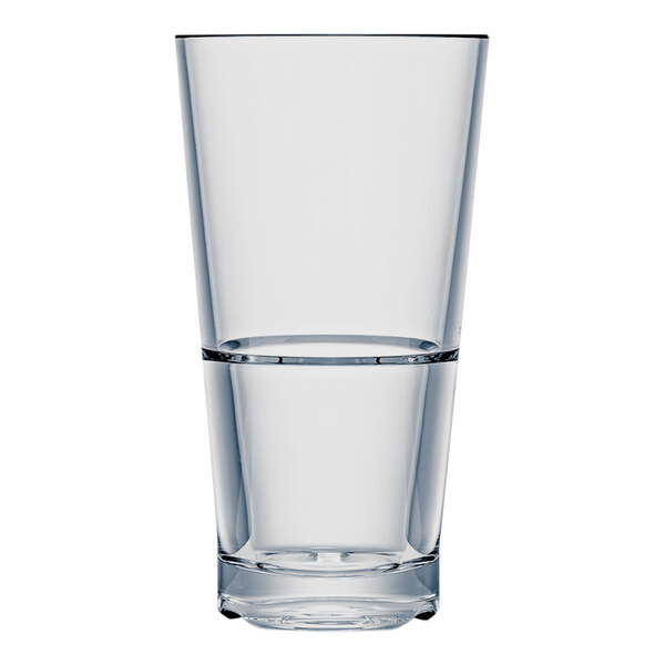 A Strahl CapellaStack plastic highball glass filled with water on a white background.