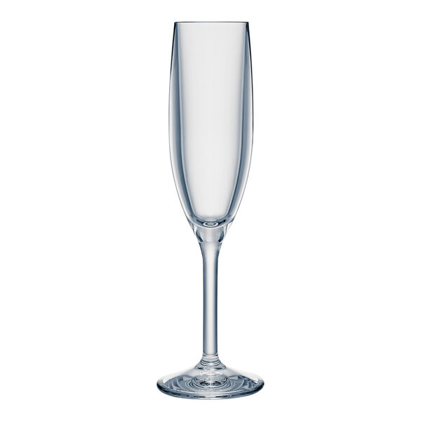 A clear plastic flute glass with a stem.
