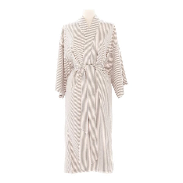 A Telegraph Hill taupe seersucker kimono robe with white and brown stripes and a belt.