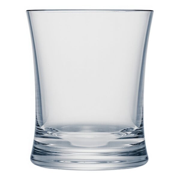 A clear plastic Strahl Design rocks glass with a curved rim.