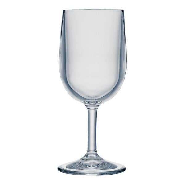 A clear Strahl Design plastic wine glass with a stem.