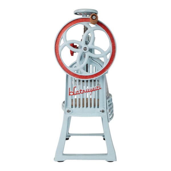 A white and red Hatsuyuki manual ice shaver machine with a red wheel.