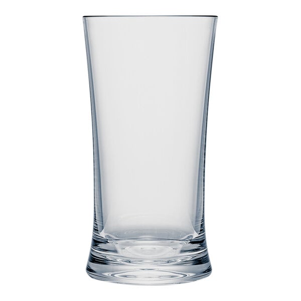 A clear plastic beverage glass with a white background.