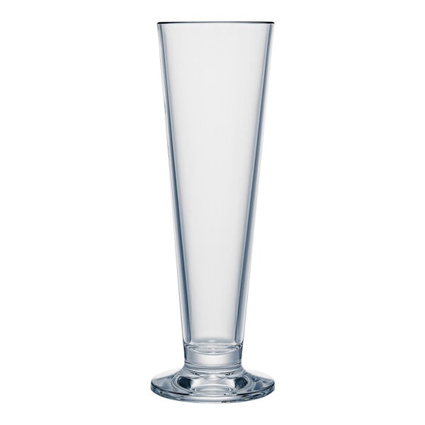 A clear plastic footed pilsner glass with a clear base.