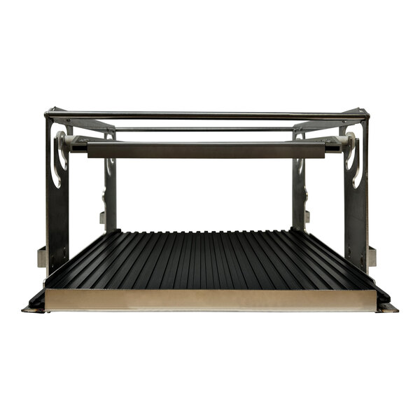 A black tray with a metal rack on a silver and black metal shelf.