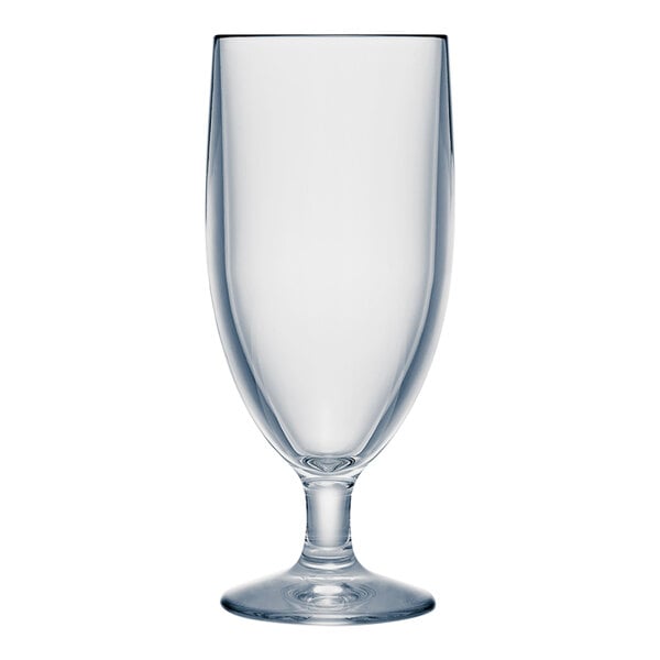 A close-up of a Strahl Design clear plastic goblet with a tall stem and foot.