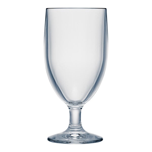 A clear plastic goblet with a stem.