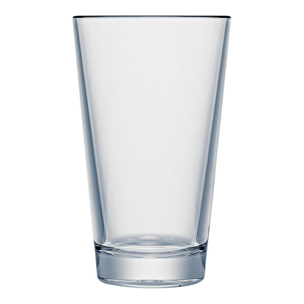 A clear plastic mixing glass with a white rim.