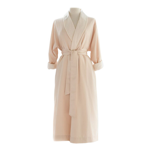 A Telegraph Hill Natural Twill double layer bath robe in white with a belt on a mannequin.