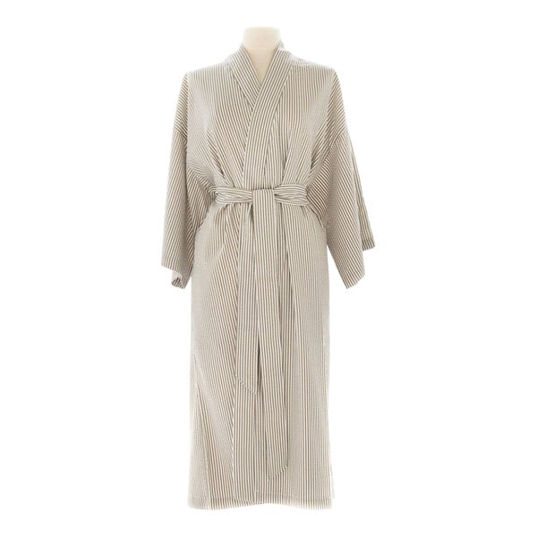 A long beige Telegraph Hill seersucker bath robe with a belt, featuring a white and brown striped pattern.