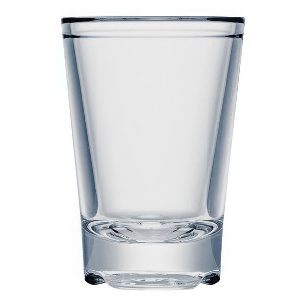 A clear plastic Strahl Design shot glass with a small rim.