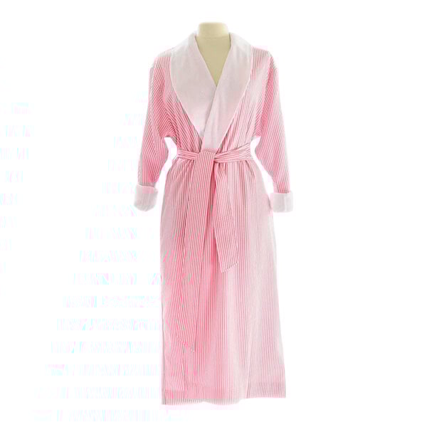 A pink and white striped Telegraph Hill bath robe on a mannequin.