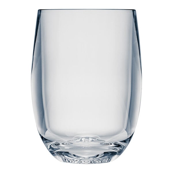 A clear plastic stemless wine glass.