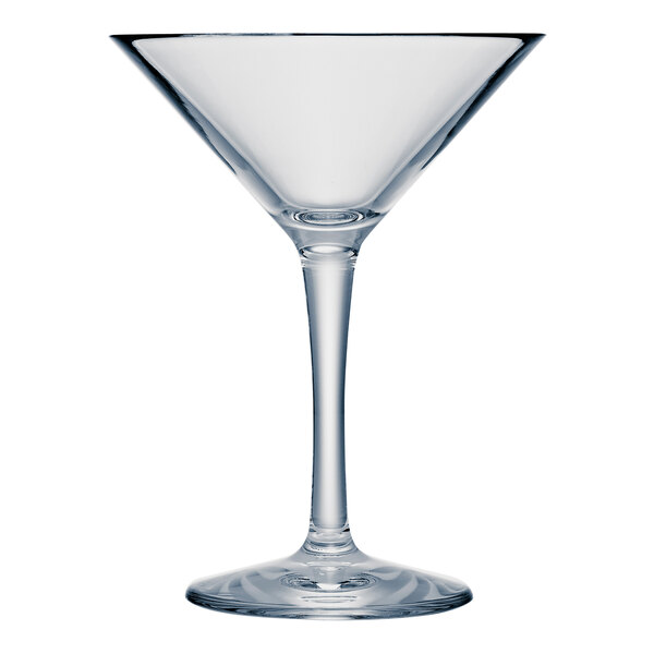 A clear plastic martini glass with a long stem.