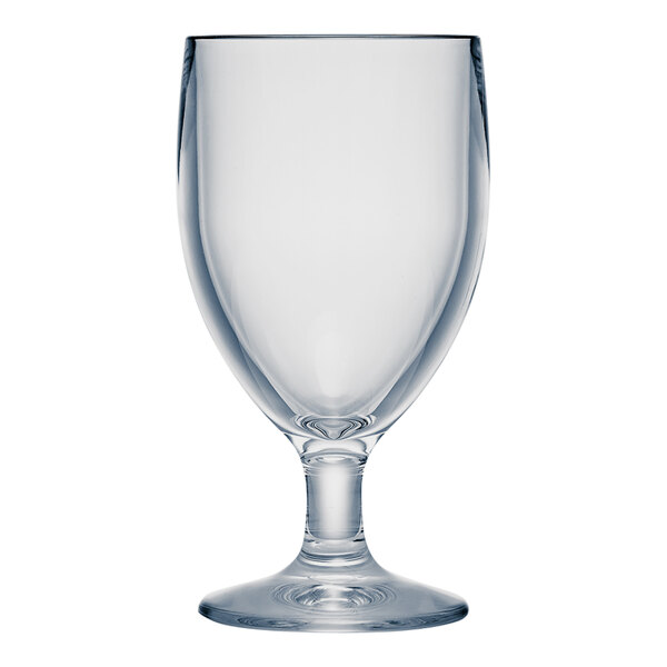 A clear plastic goblet with a stem and foot.