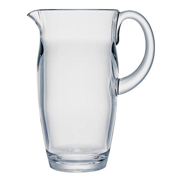A clear plastic pitcher with a handle.
