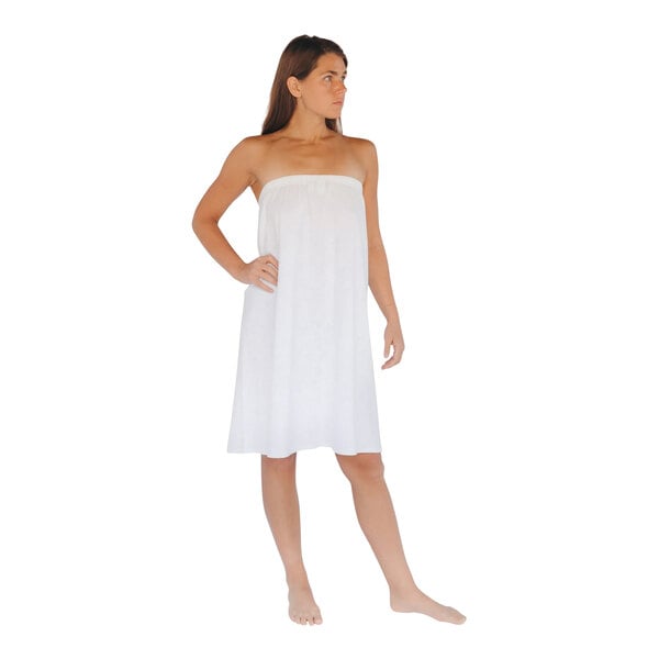 A woman wearing a white Telegraph Hill spa wrap.