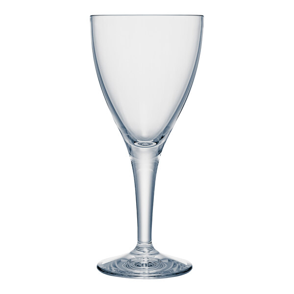 A clear Strahl Design plastic wine glass with a stem.