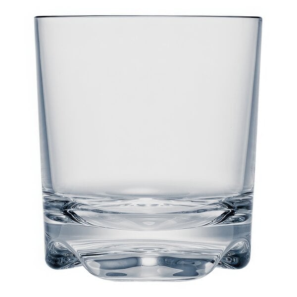 A clear Strahl Vivaldi plastic rocks glass with a curved bottom.