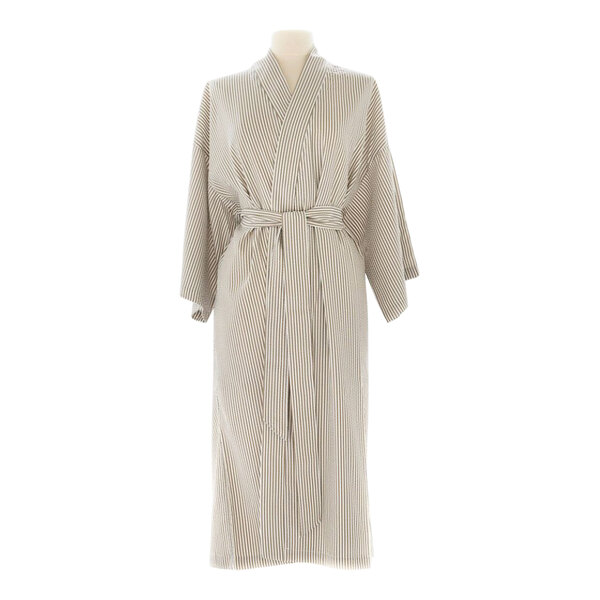 A Telegraph Hill taupe seersucker bath robe with brown stripes and a belt.