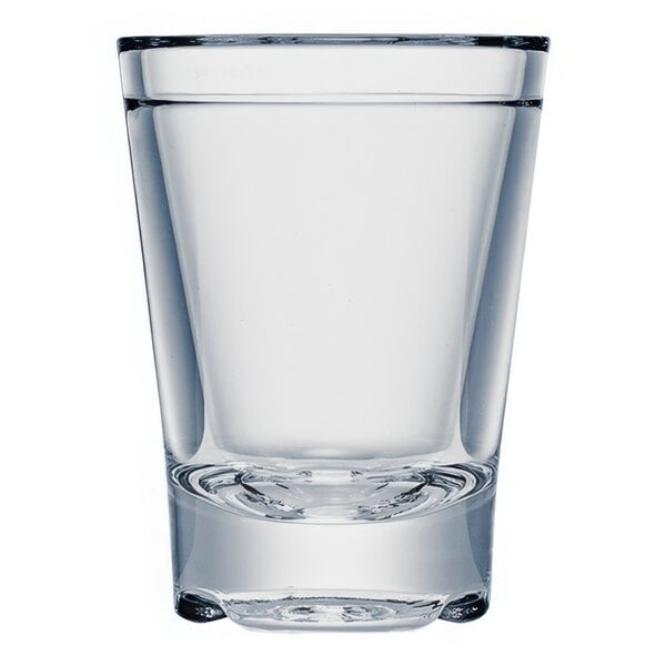 A clear plastic Strahl Design shot glass with a black rim.