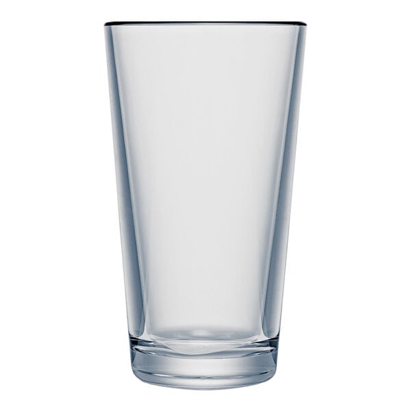 A clear plastic pint glass with a white rim.