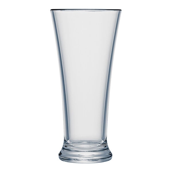 A clear plastic flared pilsner glass.