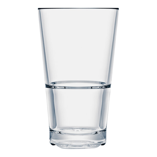 A Strahl CapellaStack plastic cooler glass with a line on it full of water.