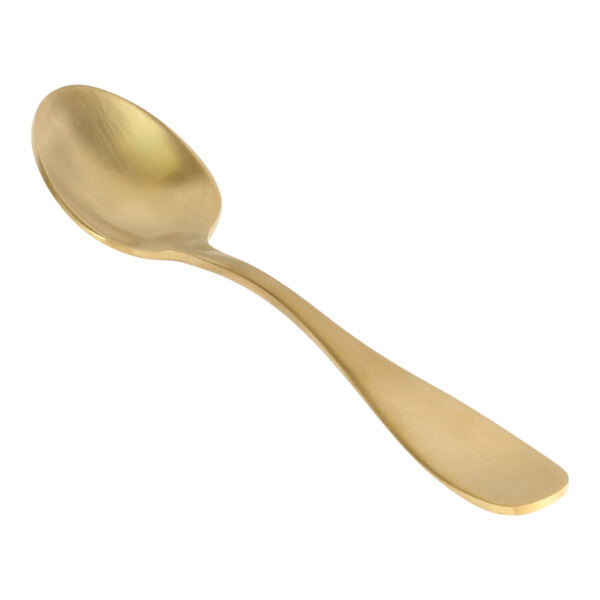 A close-up of a Front of the House Cameron stainless steel demitasse spoon with a matte brass finish.