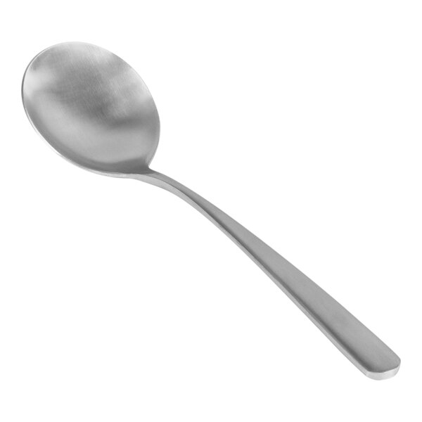 A close-up of a Front of the House stainless steel soup spoon with a silver handle.