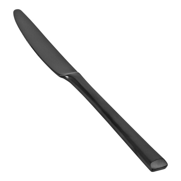 A Front of the House Parker matte black stainless steel dinner knife.