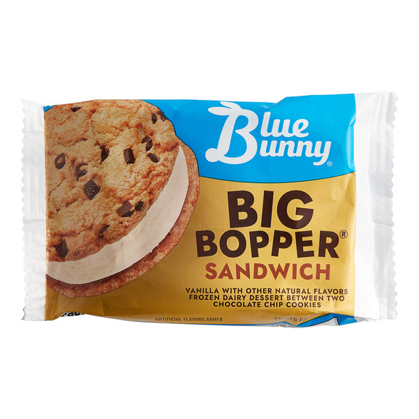 A package of Blue Bunny Big Bopper dessert sandwiches with cookies on the package.