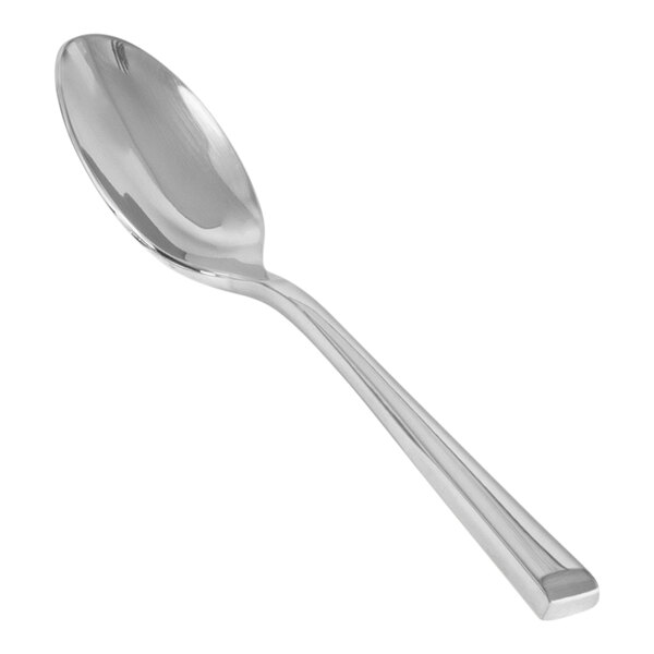 A close-up of a Front of the House Parker stainless steel demitasse spoon with a white background.