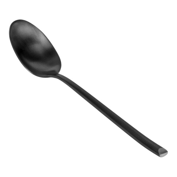 A Front of the House Jasper 18/10 stainless steel matte black teaspoon with a long handle.