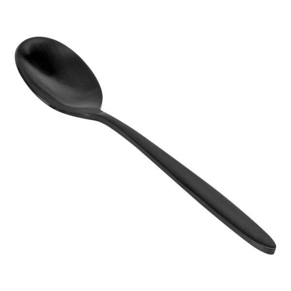 A Front of the House Luca matte black stainless steel teaspoon with a long handle.