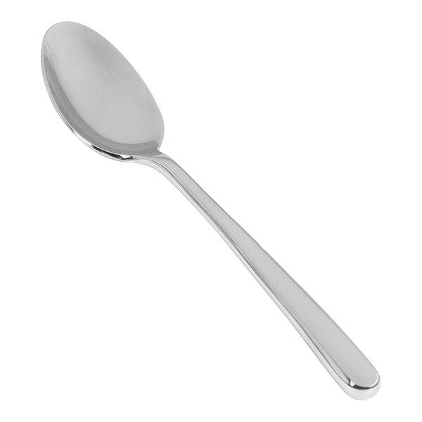 The front of a silver Front of the House Oliver stainless steel spoon.