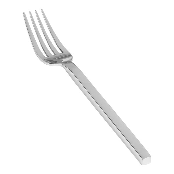 A silver Front of the House Brandon dinner fork with a white handle.