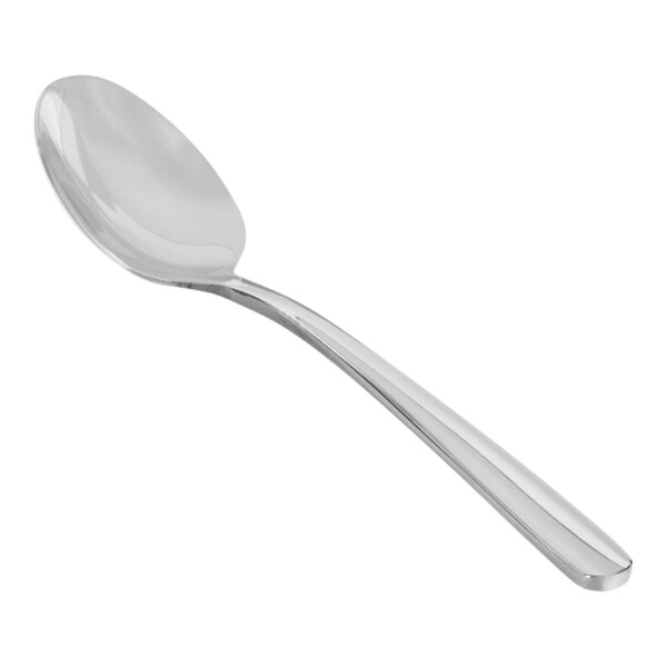 A close-up of a Front of the House Classic stainless steel demitasse spoon with a silver handle.