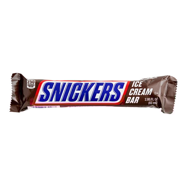 A SNICKERS ice cream bar in blue and white packaging.