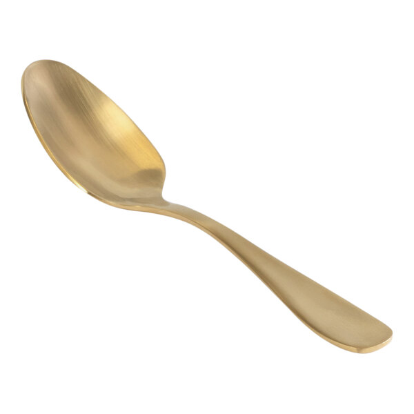 A Front of the House Cameron 18/10 stainless steel teaspoon with a matte brass finish.