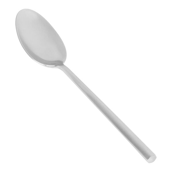 The front of a stainless steel Hector dinner/dessert spoon with a white background.