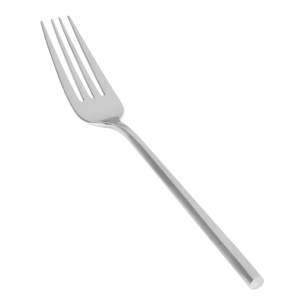 The front of a silver Front of the House Hector dinner fork with a brushed finish.