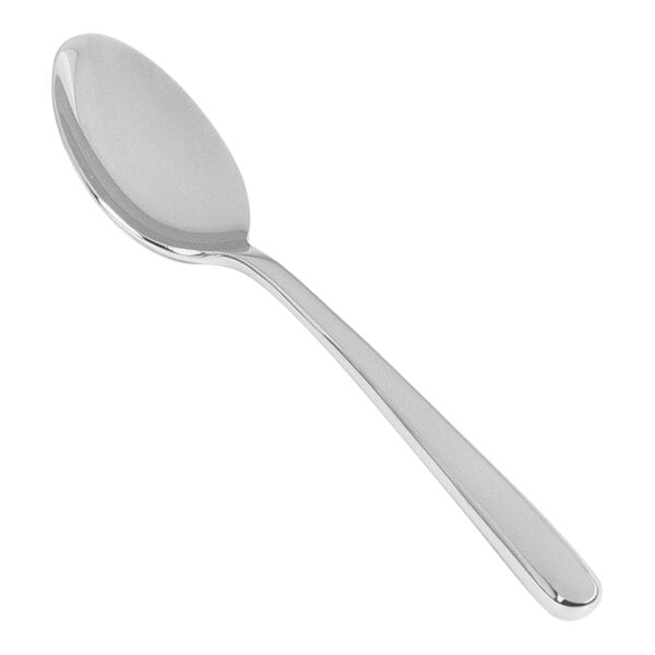 The front of a silver spoon with a white background.