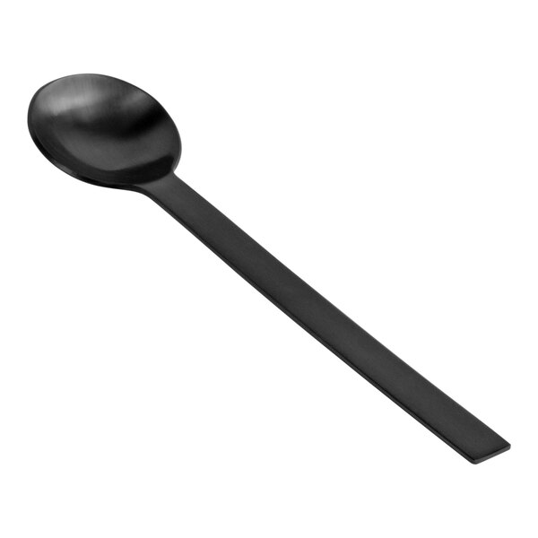 A Front of the House matte black demitasse spoon with a long handle.