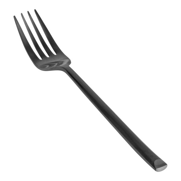 A close-up of a Front of the House Jasper stainless steel salad/dessert fork with a black matte handle.