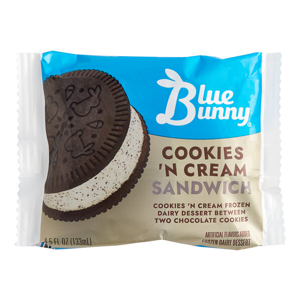 A package of Blue Bunny Cookies 'n Cream frozen dessert sandwiches.